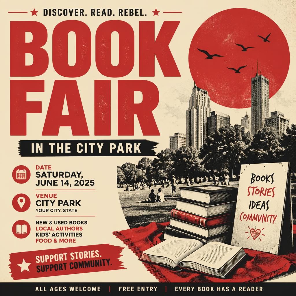 Modern editorial wedding event poster for Book Fair City Park in vintage cream and red with bold typography and clean placeholders.