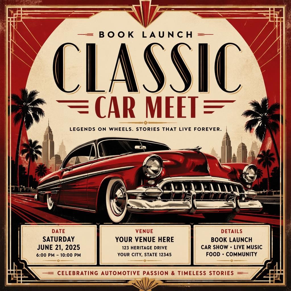 Art deco event poster for a classic car meet book launch in cream and red, with bold vintage typography and clean placeholders.