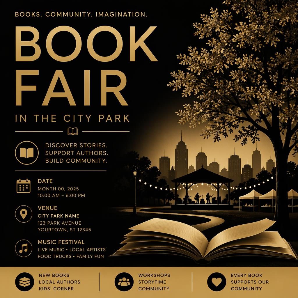 Minimalist Swiss-style event poster in black and gold with dreamy romantic mood and clean English placeholder text.