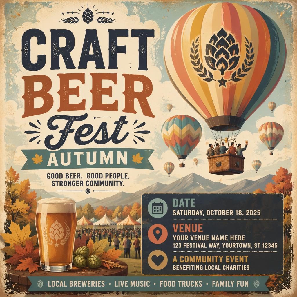 Grunge-style autumn craft beer festival poster with pastel palette, festive layout, balloons, and clear event text placeholders.