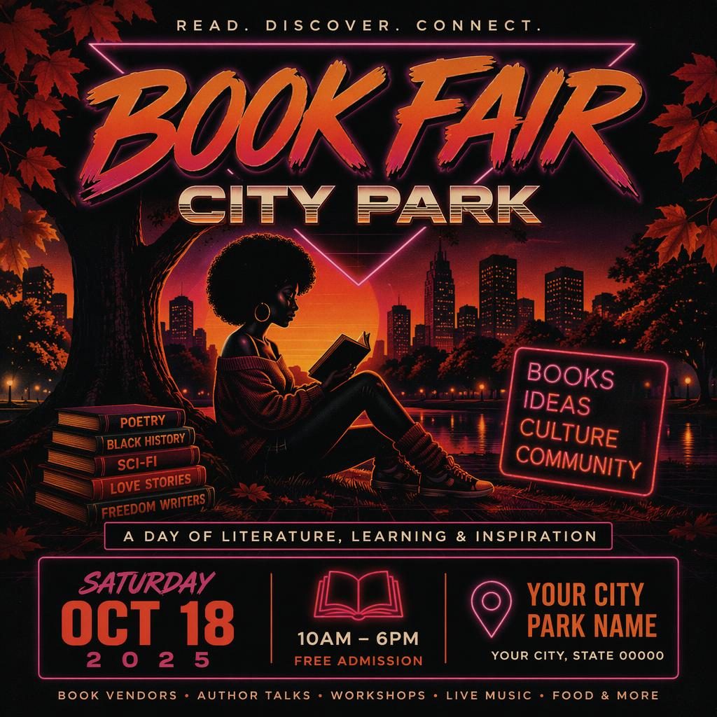 Retro neon event poster for a yoga wellness retreat in a city park with dark autumn tones and clean placeholder text.