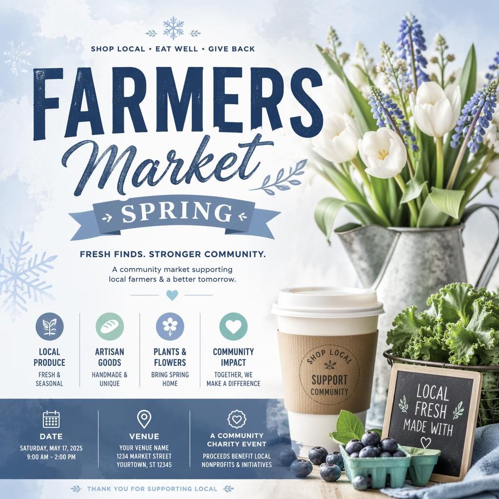 Modern editorial spring farmers market charity event poster with winter ice palette and clean date, venue placeholders.