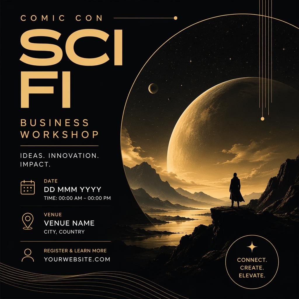 Minimalist Swiss-style sci-fi event poster in black and gold with dreamy comic con visuals and clean English placeholder text.