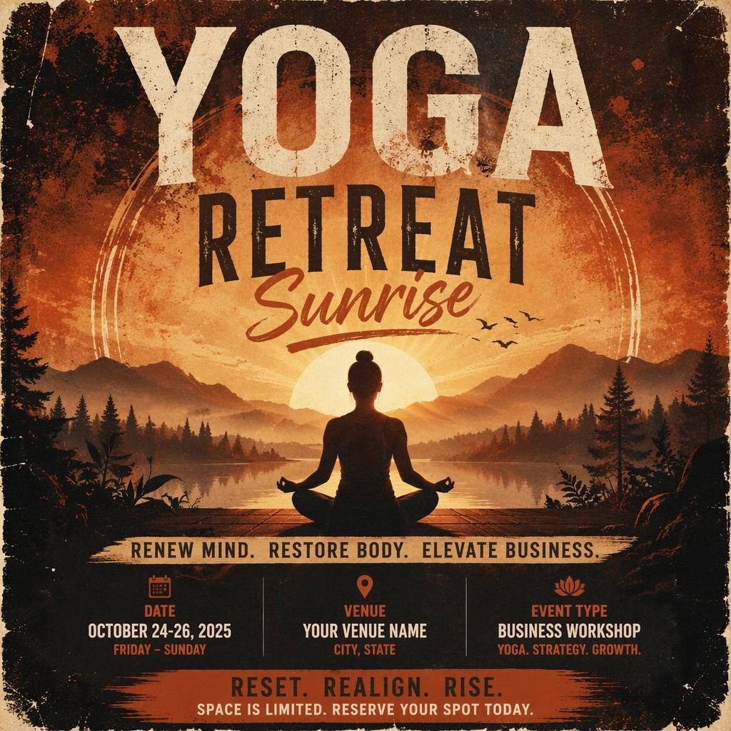 Grunge-style event poster showing a sunrise yoga retreat scene in dark autumn rust tones with clean placeholder date and venue text.