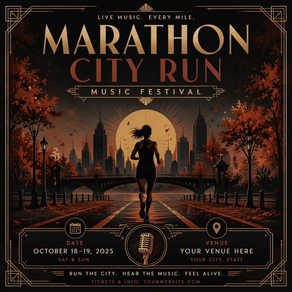 Art deco luxury event poster for marathon city run music festival in dark autumn rust tones with sharp placeholder text