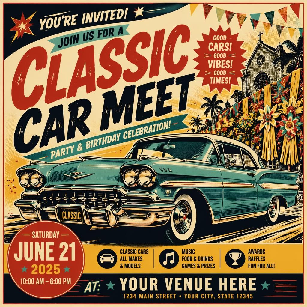 Vintage 1960s-style event poster for a classic car meet birthday party with bold colors, retro cars, and clean placeholder text.
