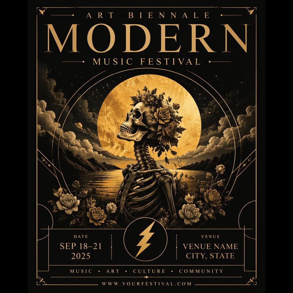 Modern editorial music festival poster in black and gold with dreamy romantic styling and clean event name, date, and venue placeholders.