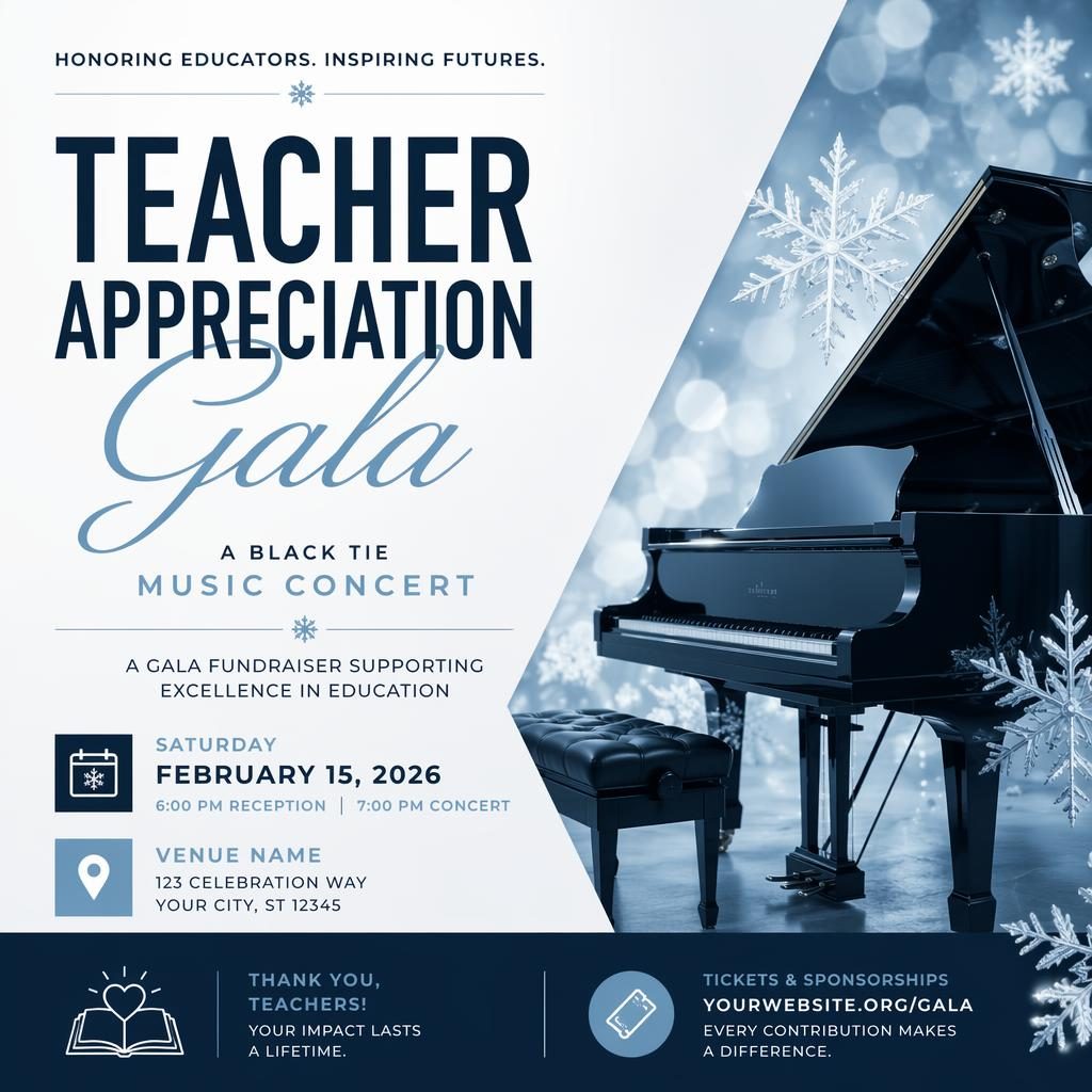 Minimalist Swiss-style winter gala fundraiser concert poster in black tie theme with icy palette and clean placeholder text.