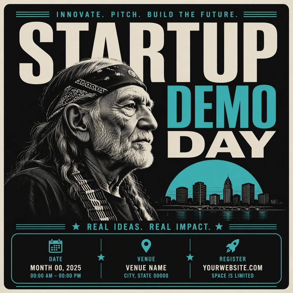 Vintage 1960s-style startup demo day event poster with cool neon accents, formal layout, and sharp English placeholder text