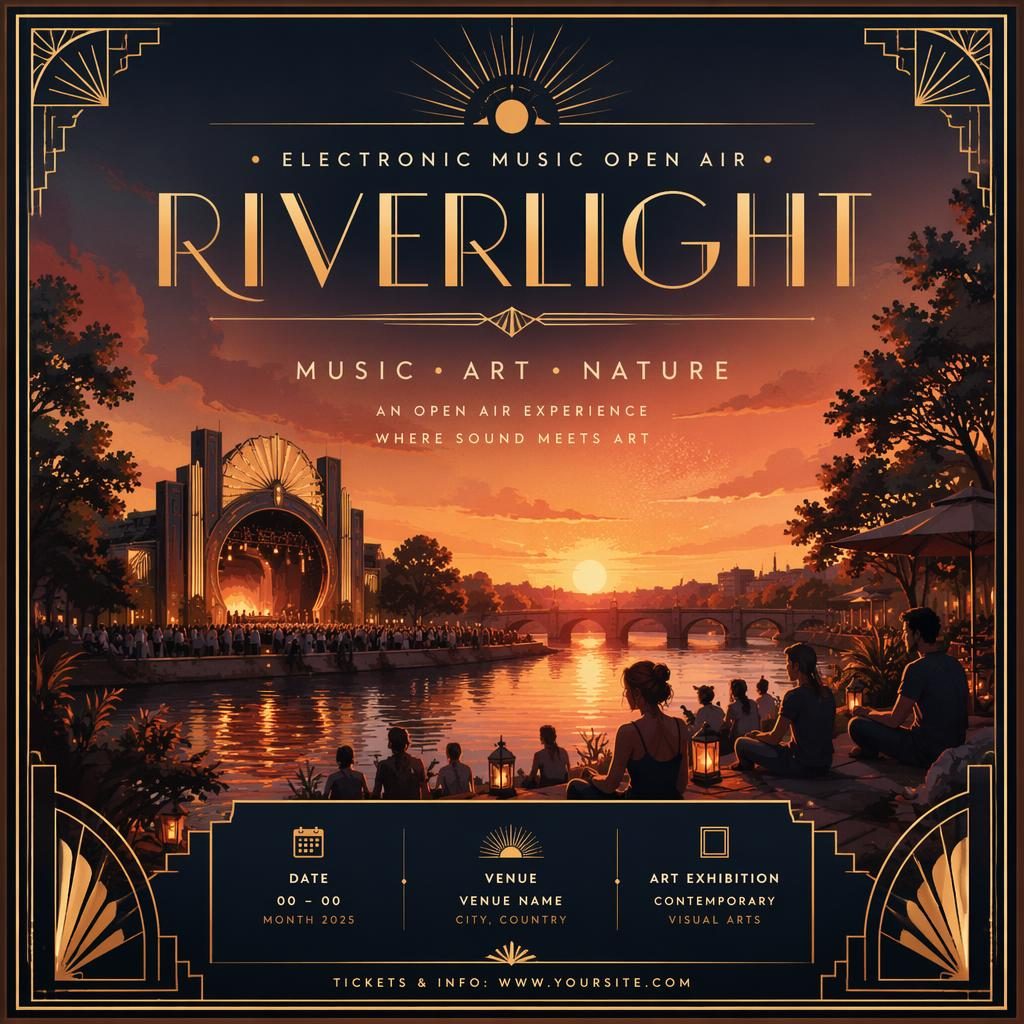 Art deco luxury event poster for an electronic music open-air art exhibition with warm sunset tones and sharp venue text.