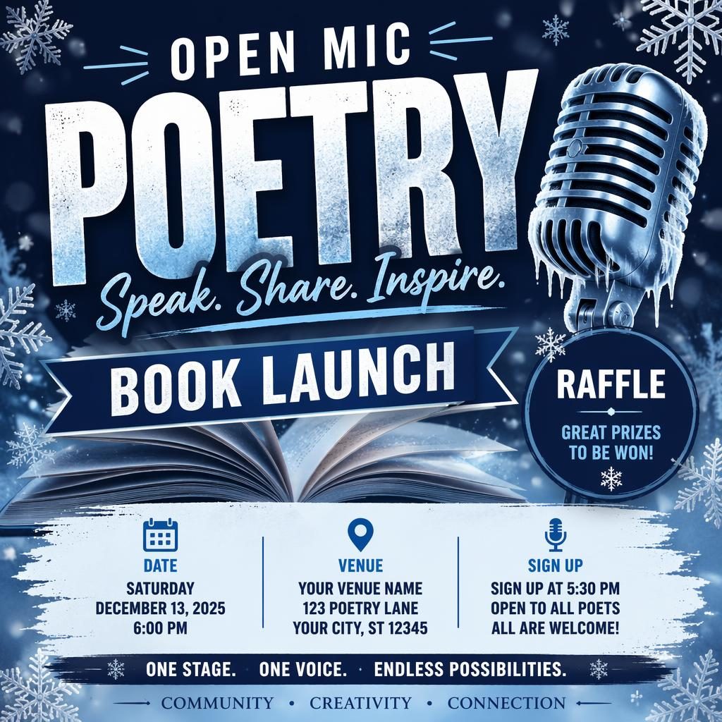 Bold winter-themed event poster for an open mic poetry book launch with icy blue palette and clean placeholder text.