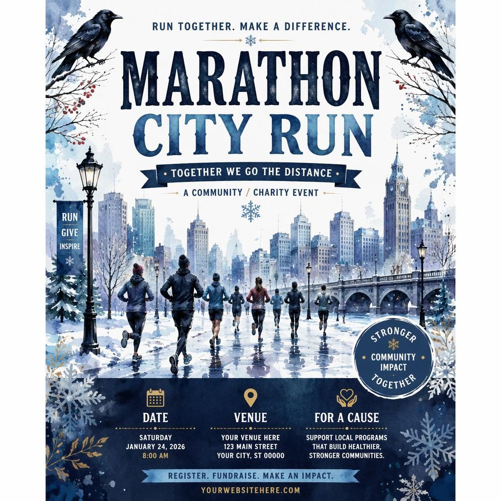 Watercolor winter marathon city run poster with festive ice-blue palette and clean English placeholder text for event name, date, and venue.
