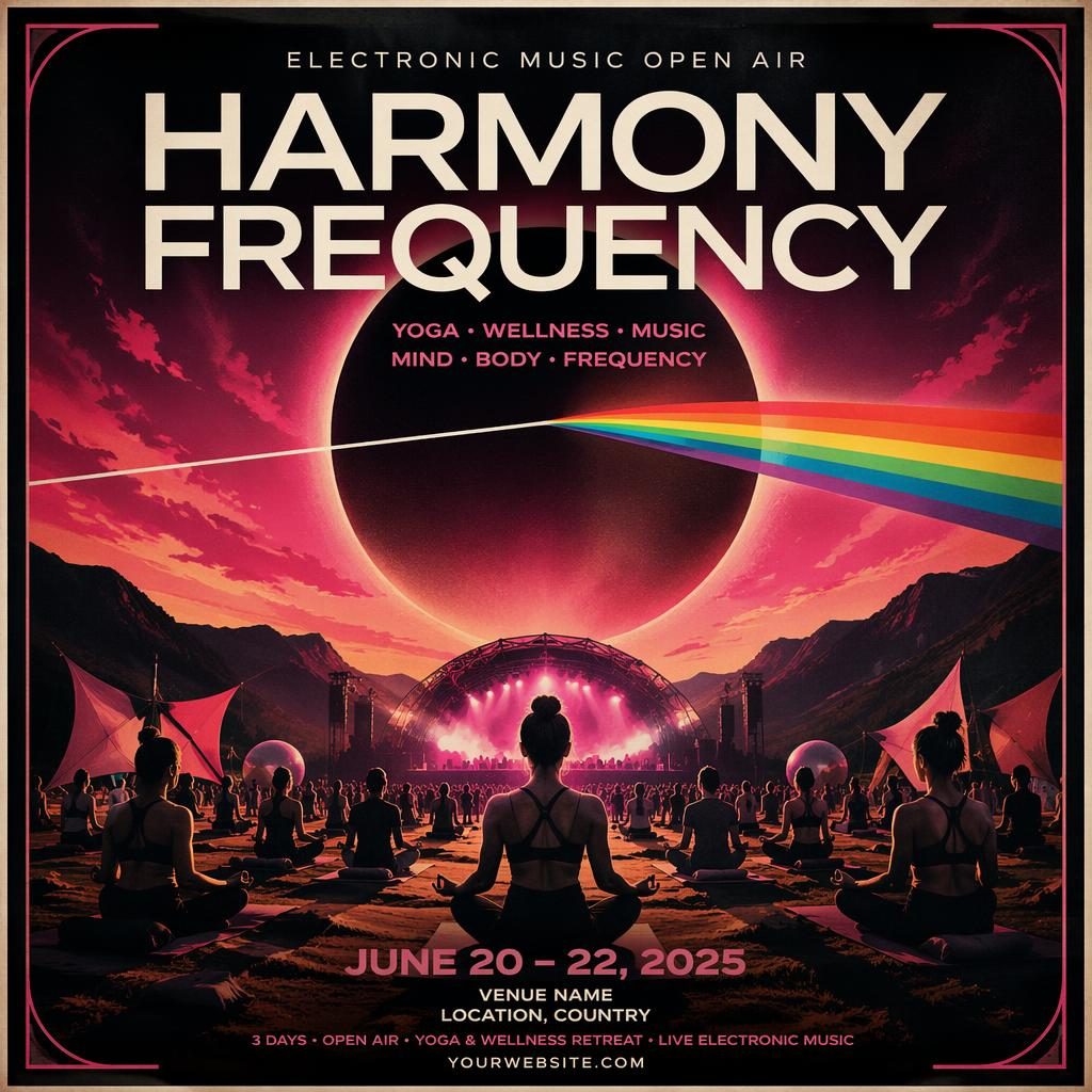 Photographic event poster for an electronic music open air yoga retreat with bold pink tones, clean placeholder text, and high contrast.