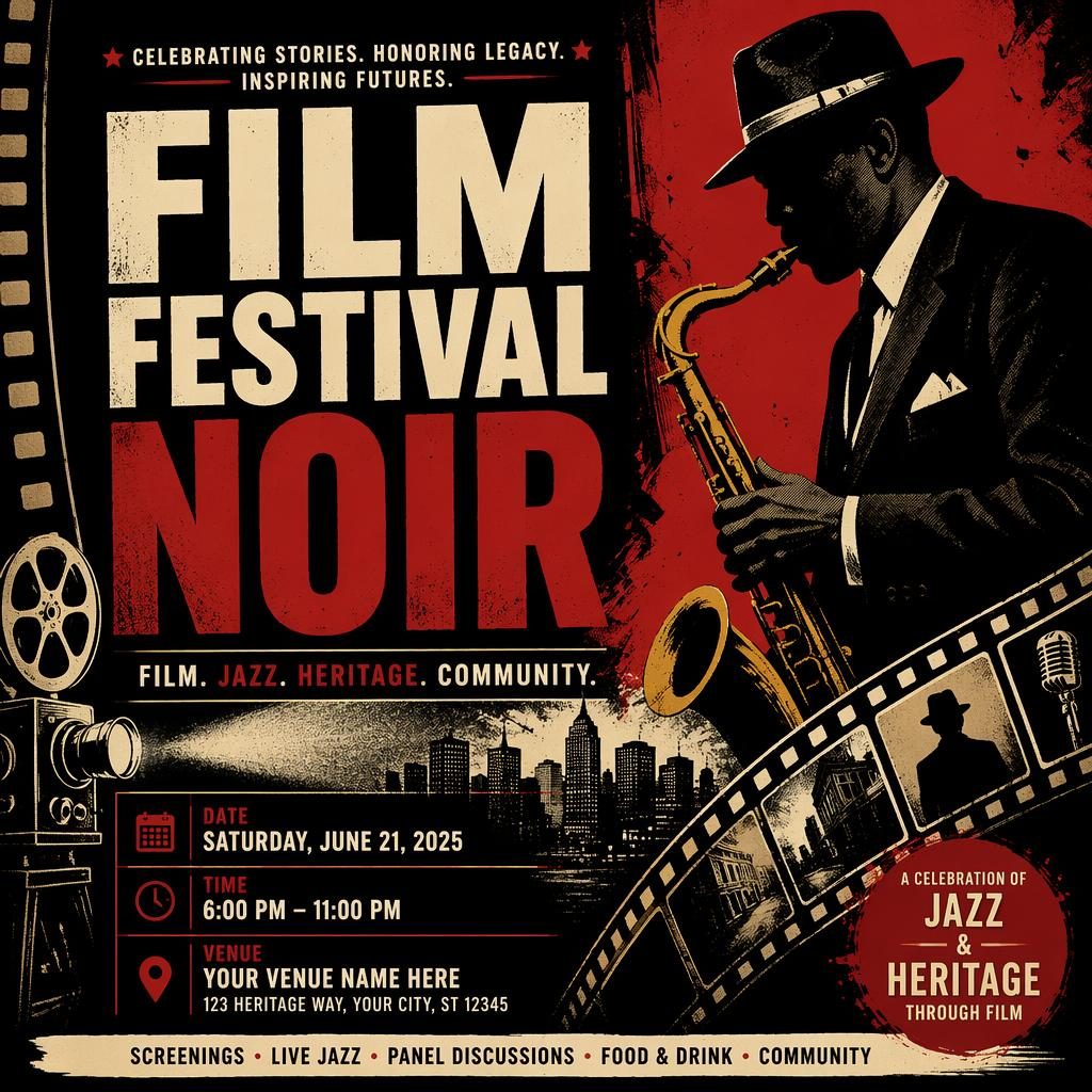 Noir-themed birthday party event poster with grunge band styling, bold contrast, and sharp placeholder text for name, date, and venue.