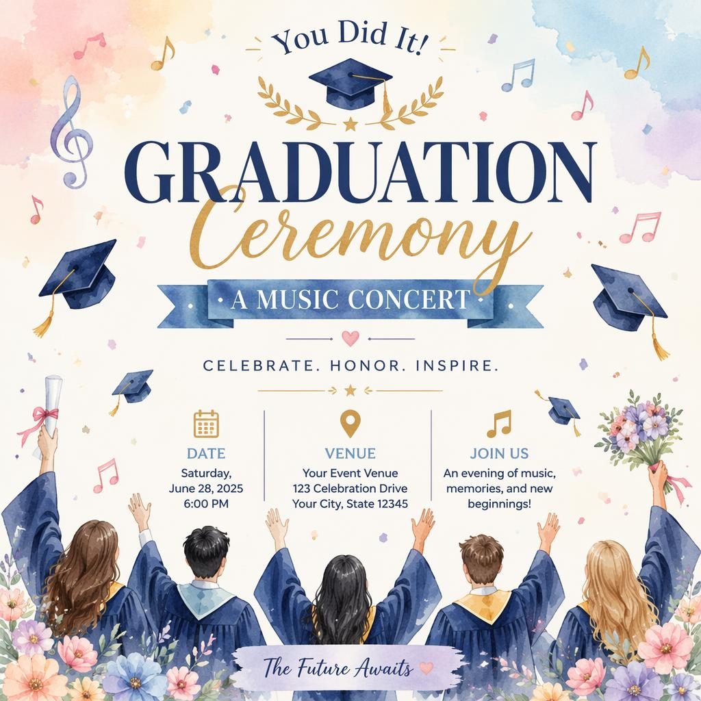 Watercolor event poster for a graduation ceremony music concert with pastel festive visuals and clean English placeholder text.