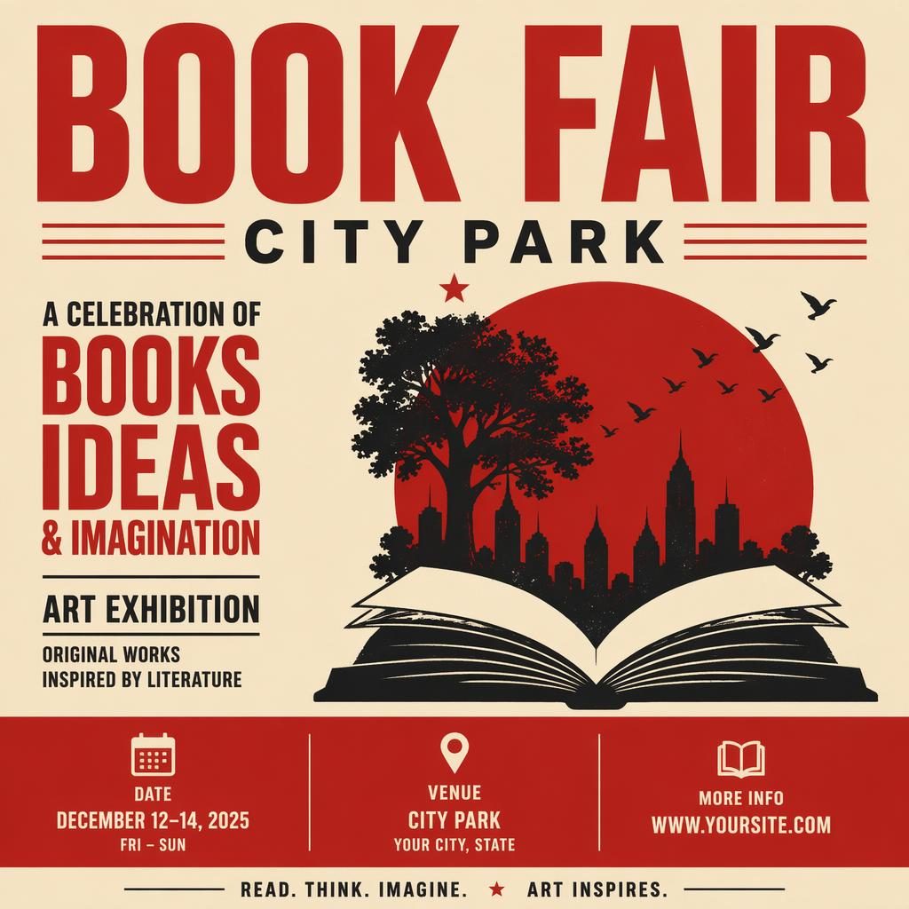 Minimalist Swiss-style event poster for Book Fair City Park in cream and red with bold typography and clean placeholders.