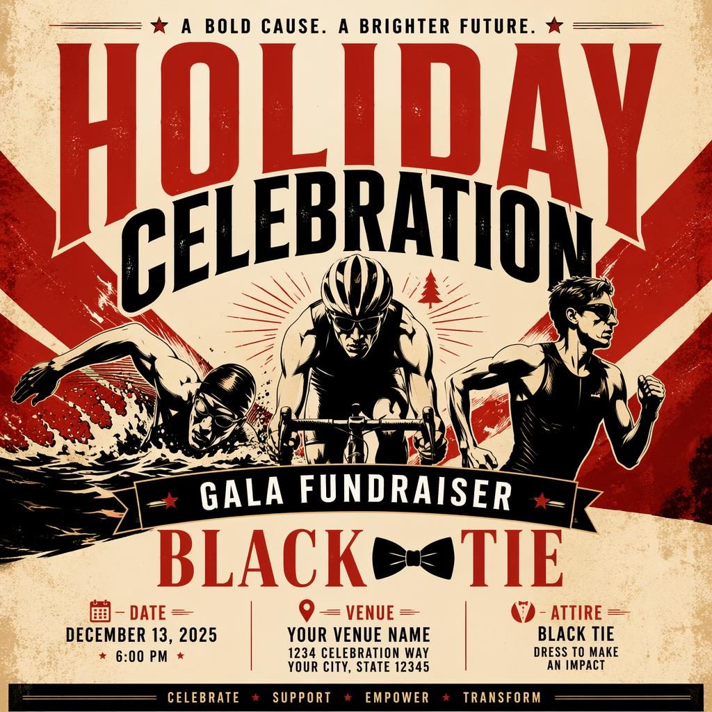 Bold black-tie gala fundraiser poster in vintage cream and red with sharp event name, date, and venue placeholder text.