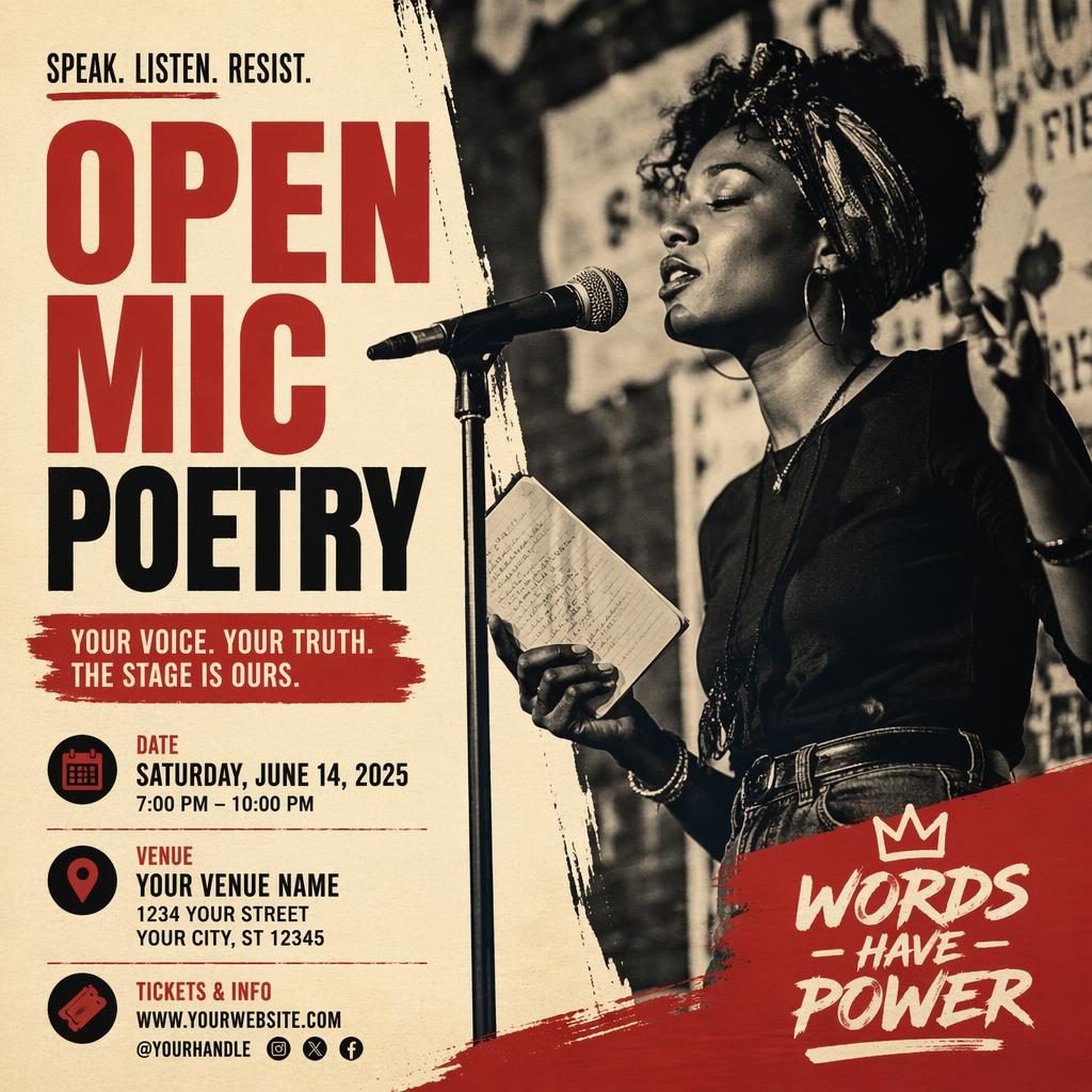 Photographic event flier for an open mic poetry exhibition in vintage cream and red with bold overlay and sharp placeholder text.