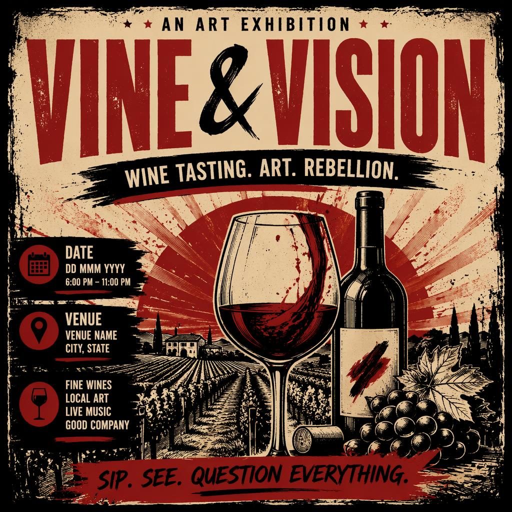 Grunge-style event poster for a wine tasting vineyard art exhibition in vintage cream and red with sharp placeholder text.