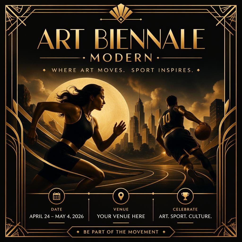 Art deco luxury sports event poster in black and gold with a dreamy romantic mood and sharp English placeholder text.