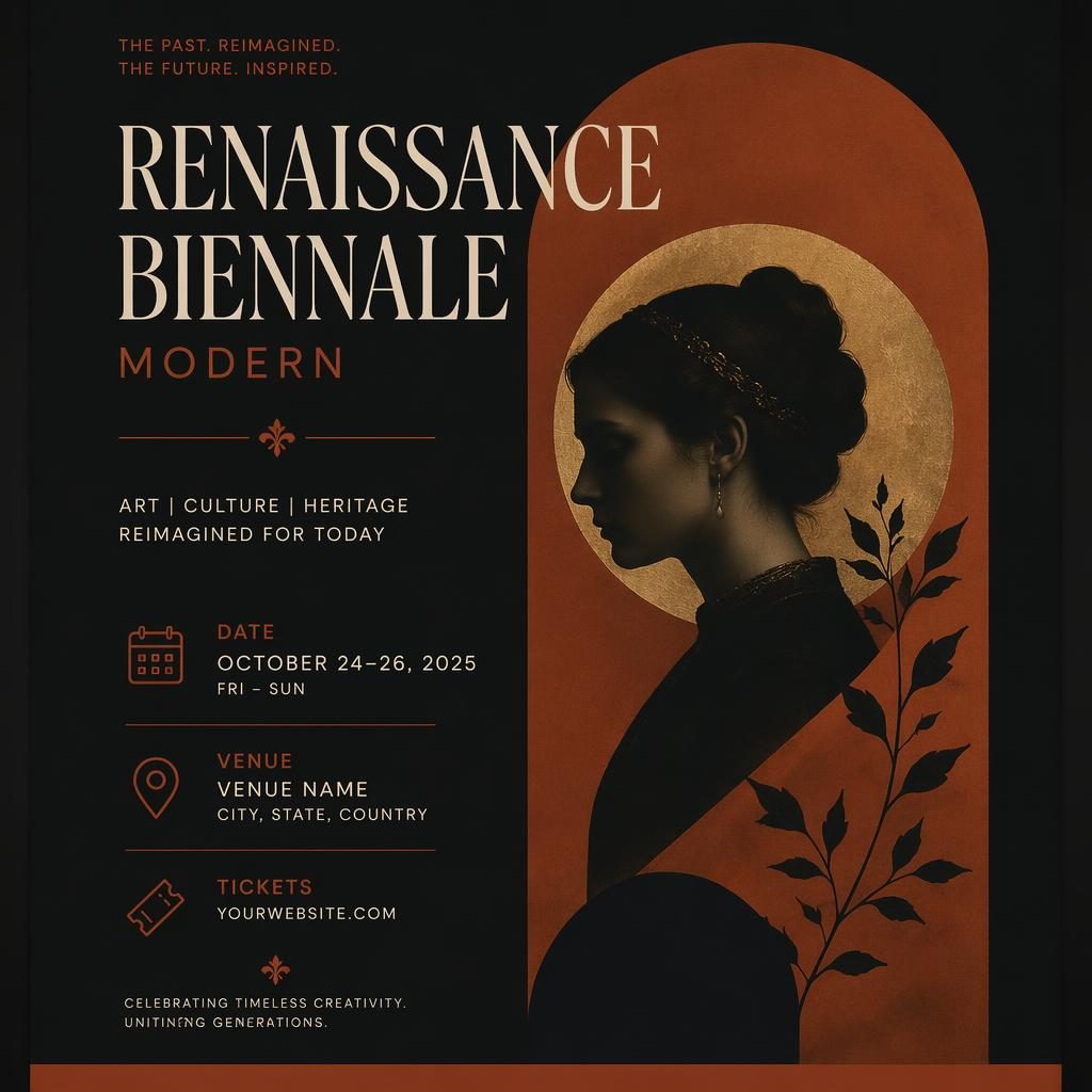 Minimalist Swiss-style event poster with a dark mysterious mood, autumn rust palette, and sharp English placeholder text.
