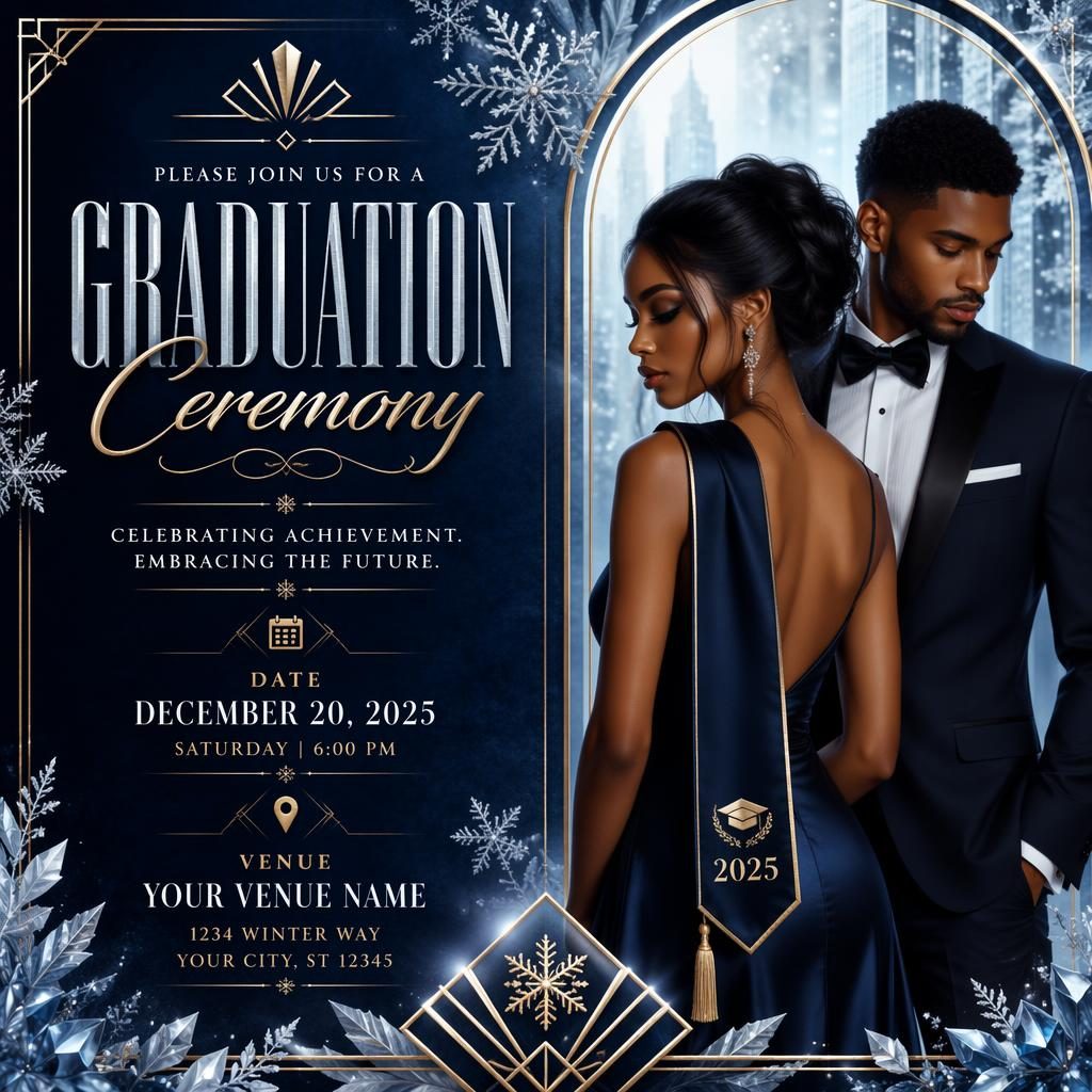Art deco luxury event poster for a graduation ceremony with winter ice colors and clean placeholder text for event name, date, and venue.