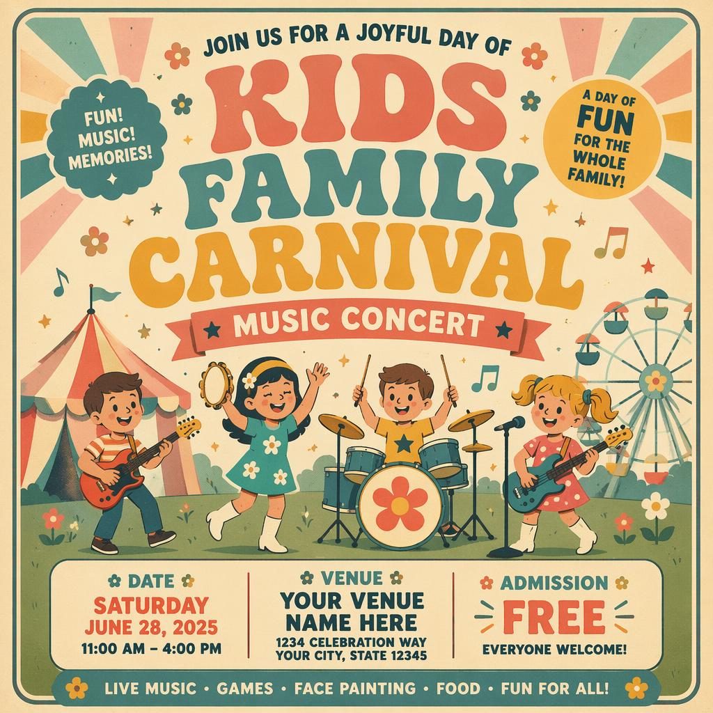 Vintage 1960s-style kids family carnival music concert poster in pastel colors with clean event name, date, and venue placeholders.