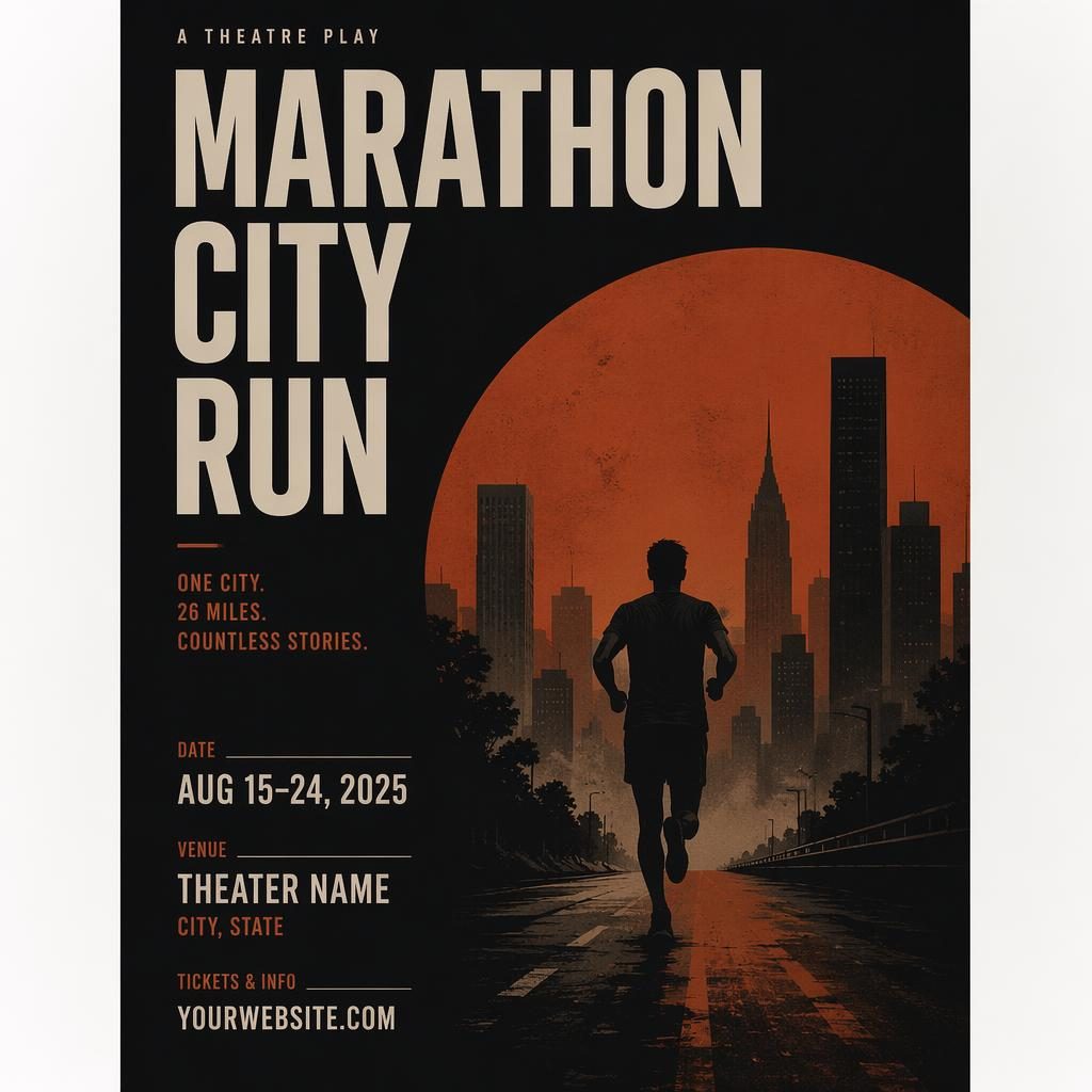 Minimalist Swiss-style event poster for Marathon City Run with dark autumn rust tones and clean date and venue placeholders.