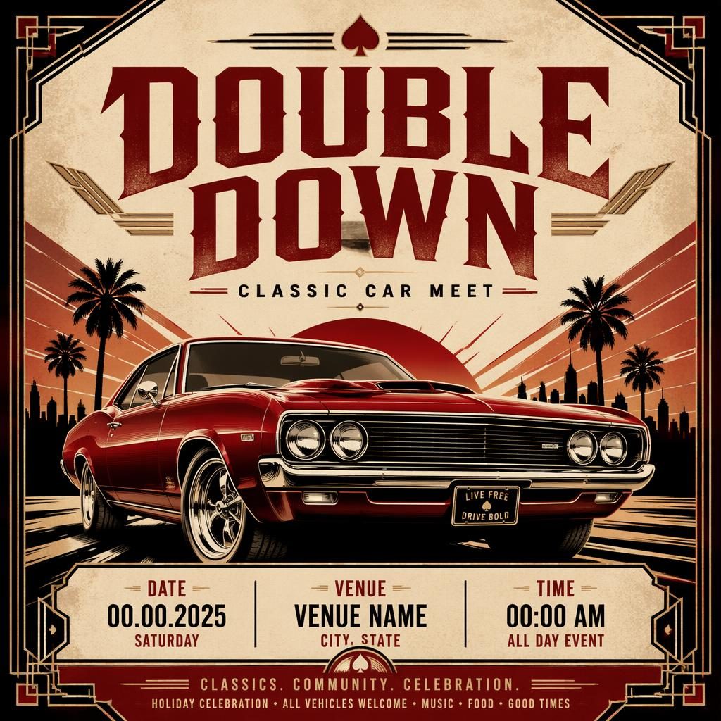 Art deco luxury event poster for a holiday classic car meet in cream and red with bold vintage typography placeholders.