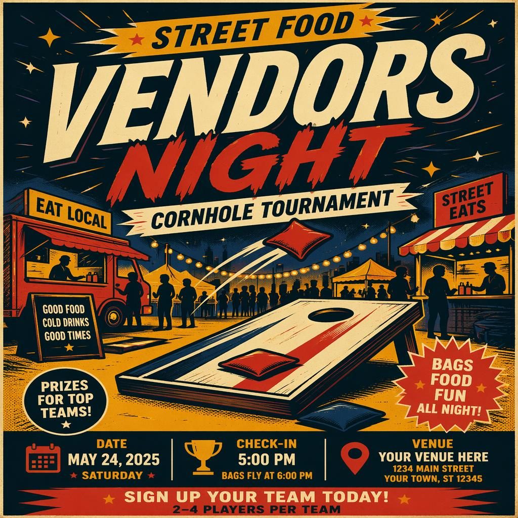 Vintage 1960s-style event poster for a sports night with street food vendors, bold high-contrast colors and readable text placeholders.