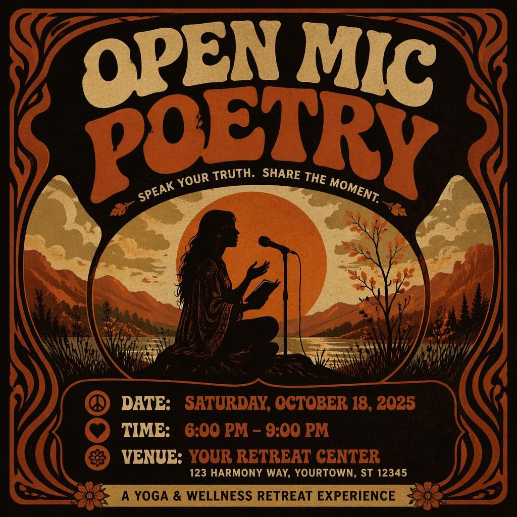 Vintage 1960s style event poster for open mic poetry with dark mysterious mood, rust autumn tones, and readable placeholder text.