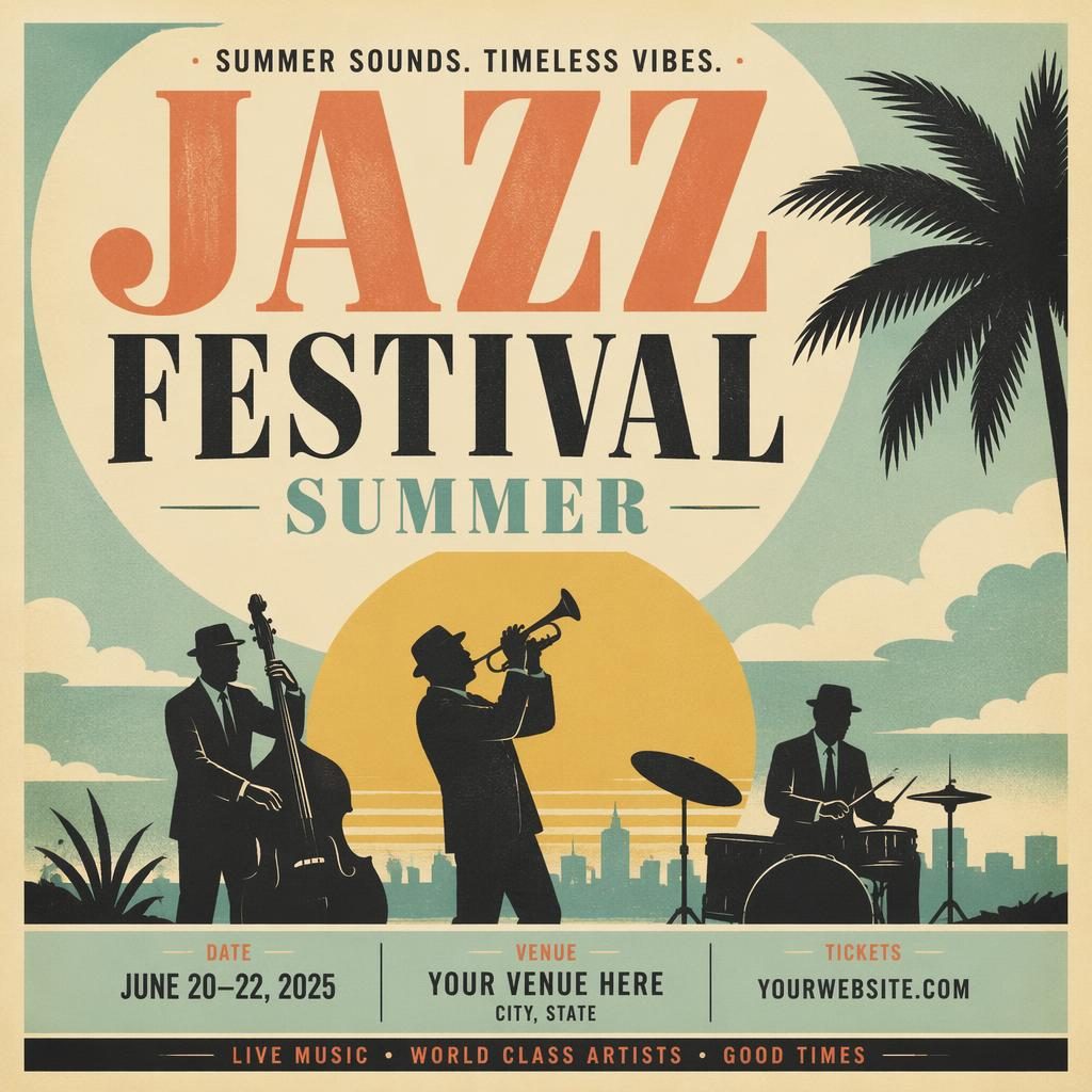 Vintage 1960s-style summer jazz festival poster with pastel colors, joyful layout, and clean event name, date, venue placeholders