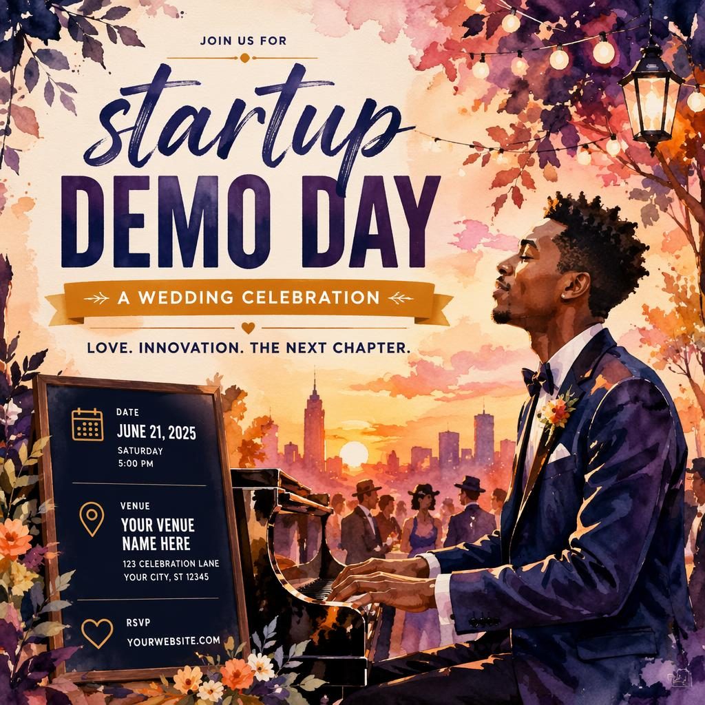 Watercolor event poster for a startup demo day with cozy festive mood, sunset palette, and clean date and venue text.