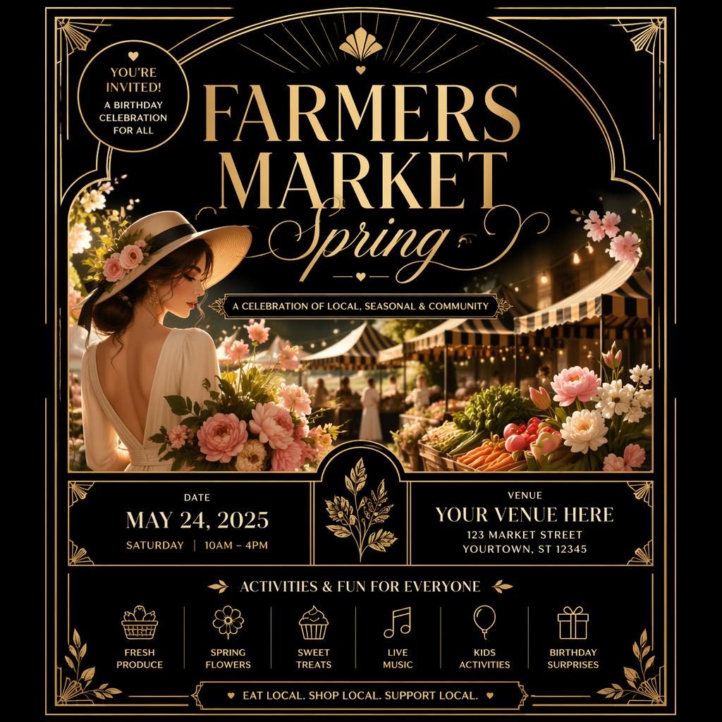 Art deco luxury event poster for a spring farmers market birthday party in black and gold with elegant readable placeholder text.