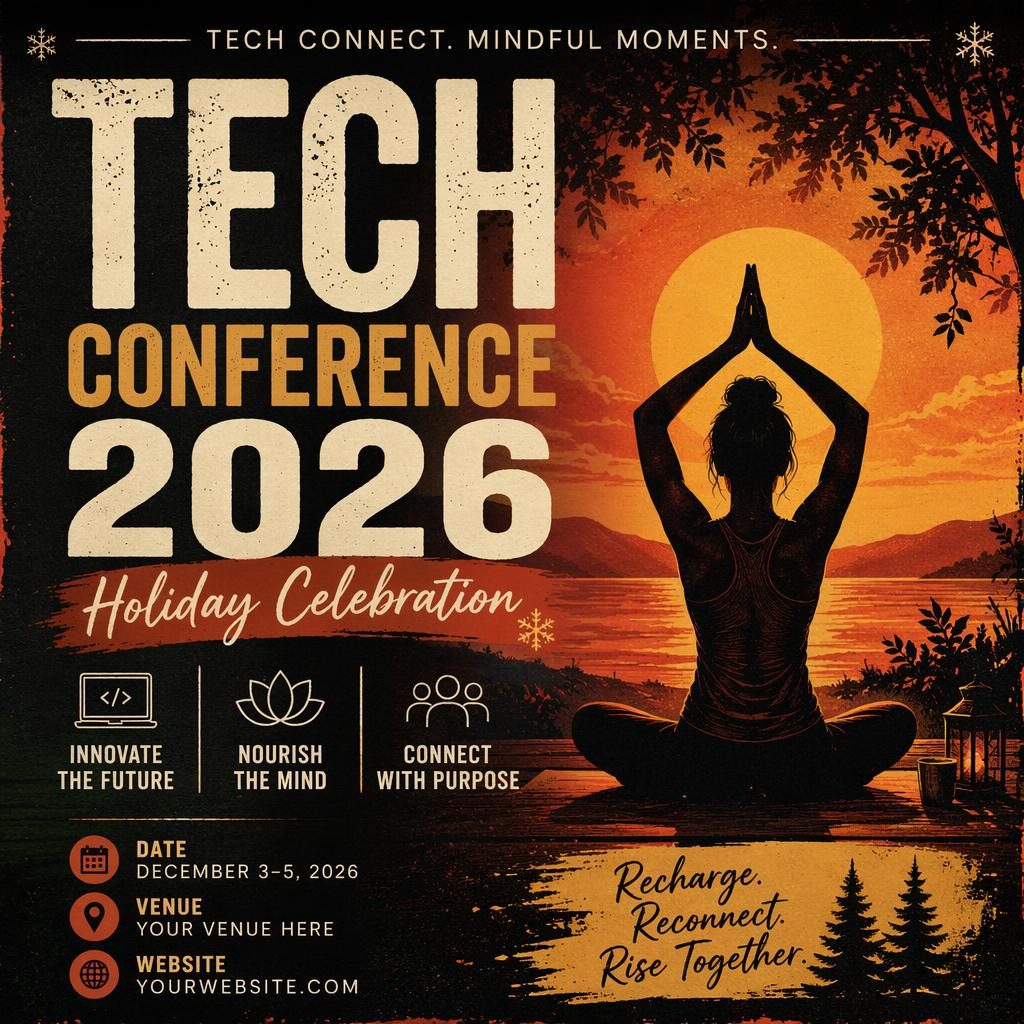 Grunge-style event poster for Tech Conference 2026 with cozy holiday mood, warm sunset colors, and sharp placeholder text.
