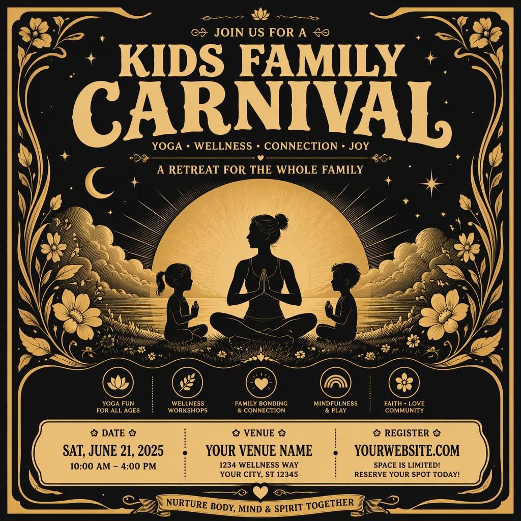 Vintage 1960s-style event poster for a kids family carnival with dreamy black and gold design and clean placeholder text.