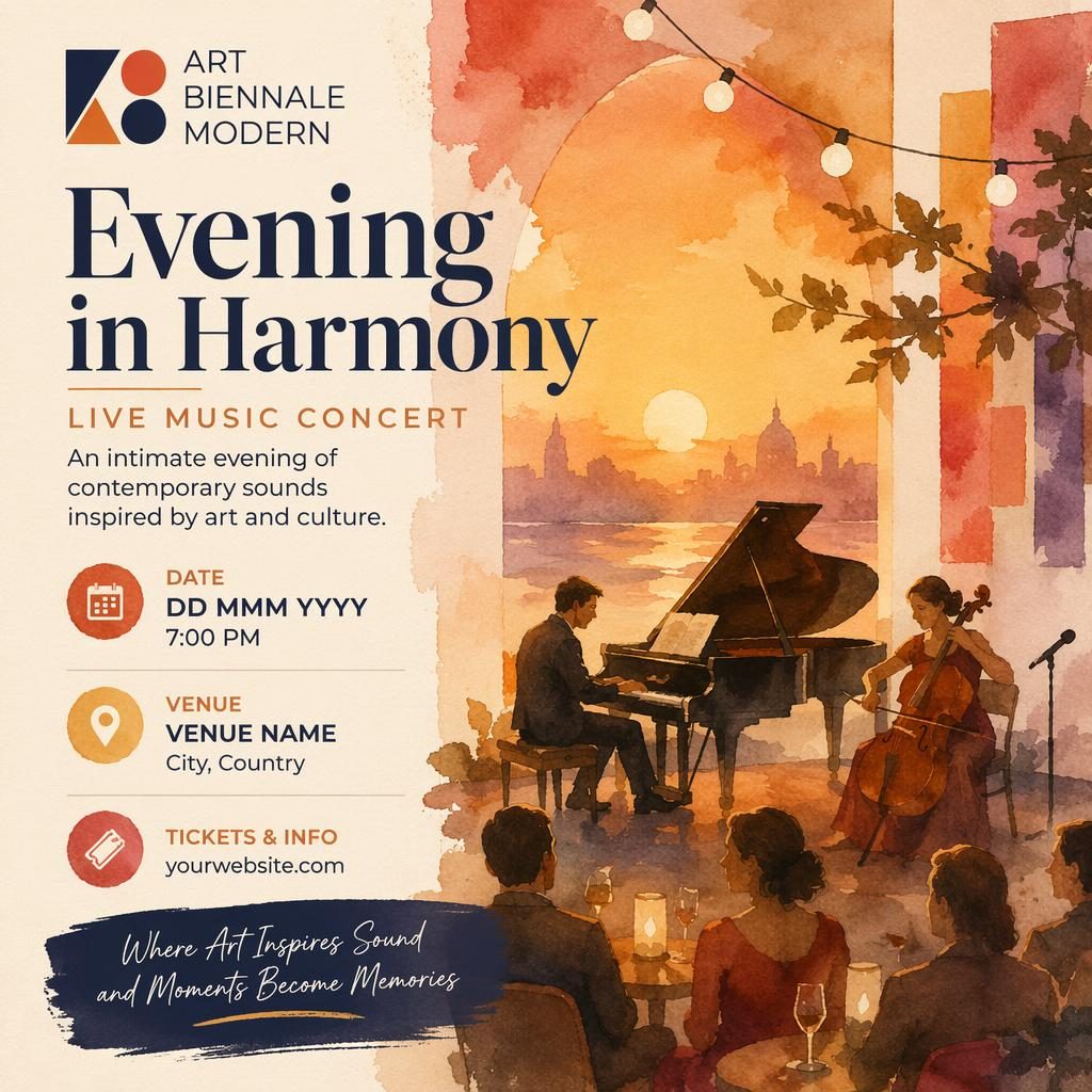Watercolor event poster for a modern art biennale music concert with warm sunset tones and clean English placeholder text.