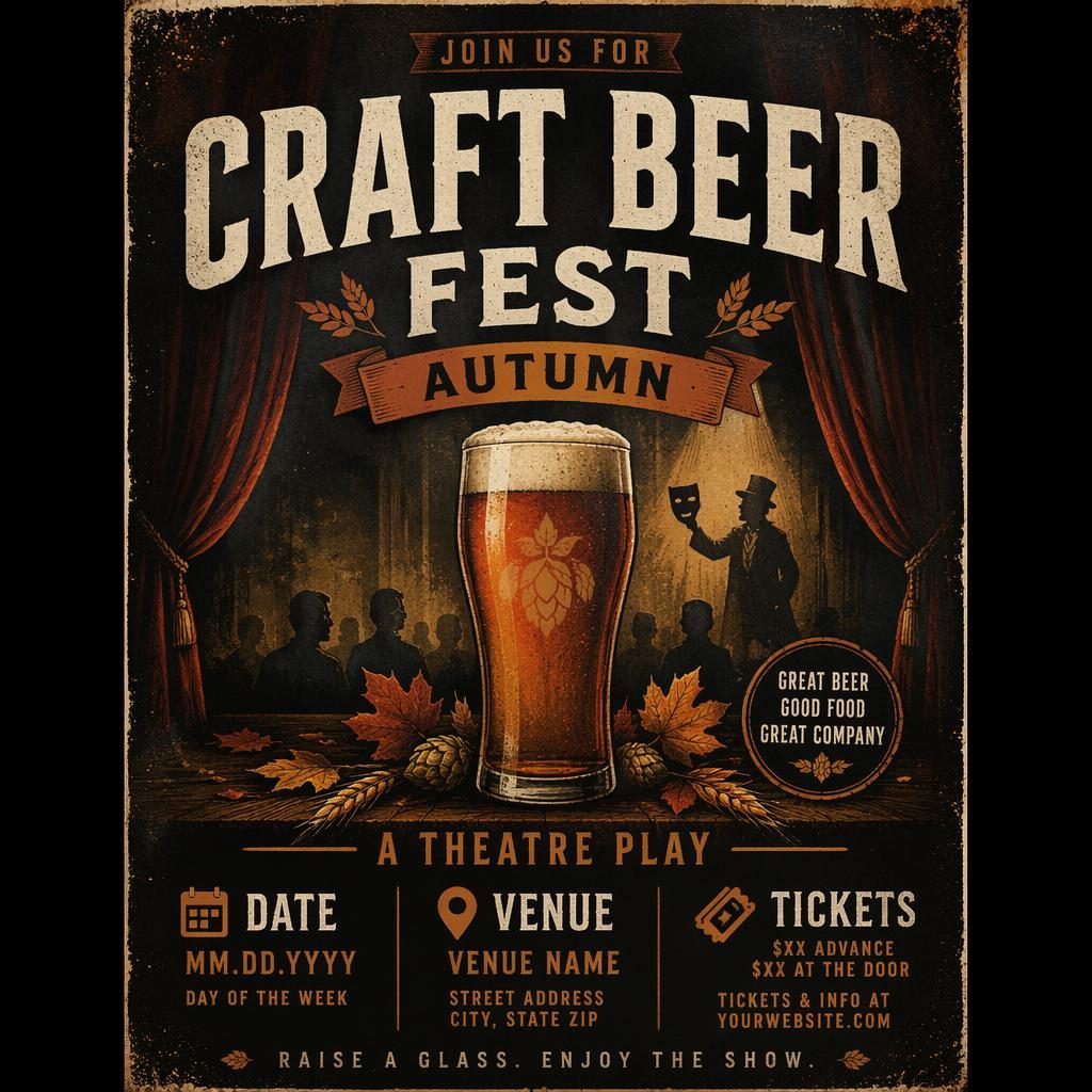 Grunge-style autumn event poster for a craft beer fest theatre play with dark rust tones and clean English placeholder text.