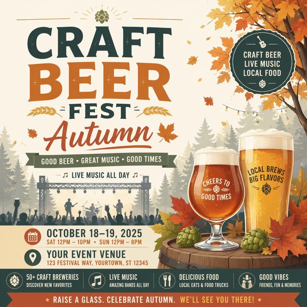 Modern editorial event poster for an autumn craft beer fest music concert with pastel colors and clean placeholder text.