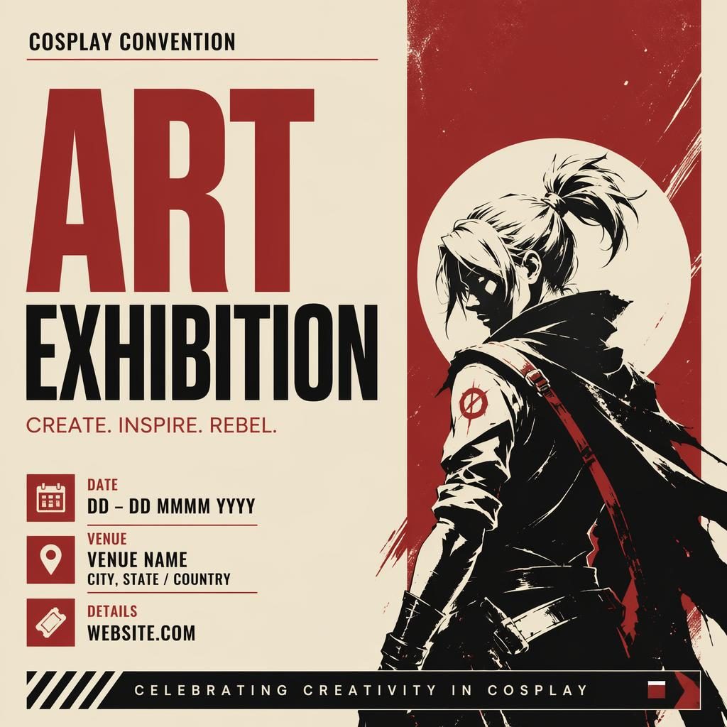 Minimalist Swiss-style event poster for a cosplay convention art exhibition in cream and red with bold typography placeholders.
