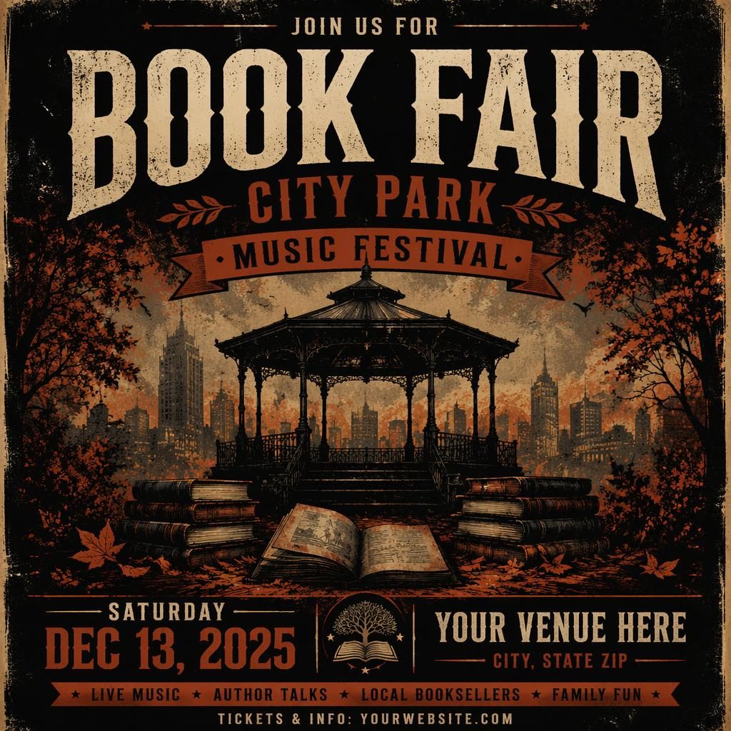 Grunge-style event poster for Book Fair City Park with dark autumn tones, clean placeholder text, and a mysterious festival vibe.