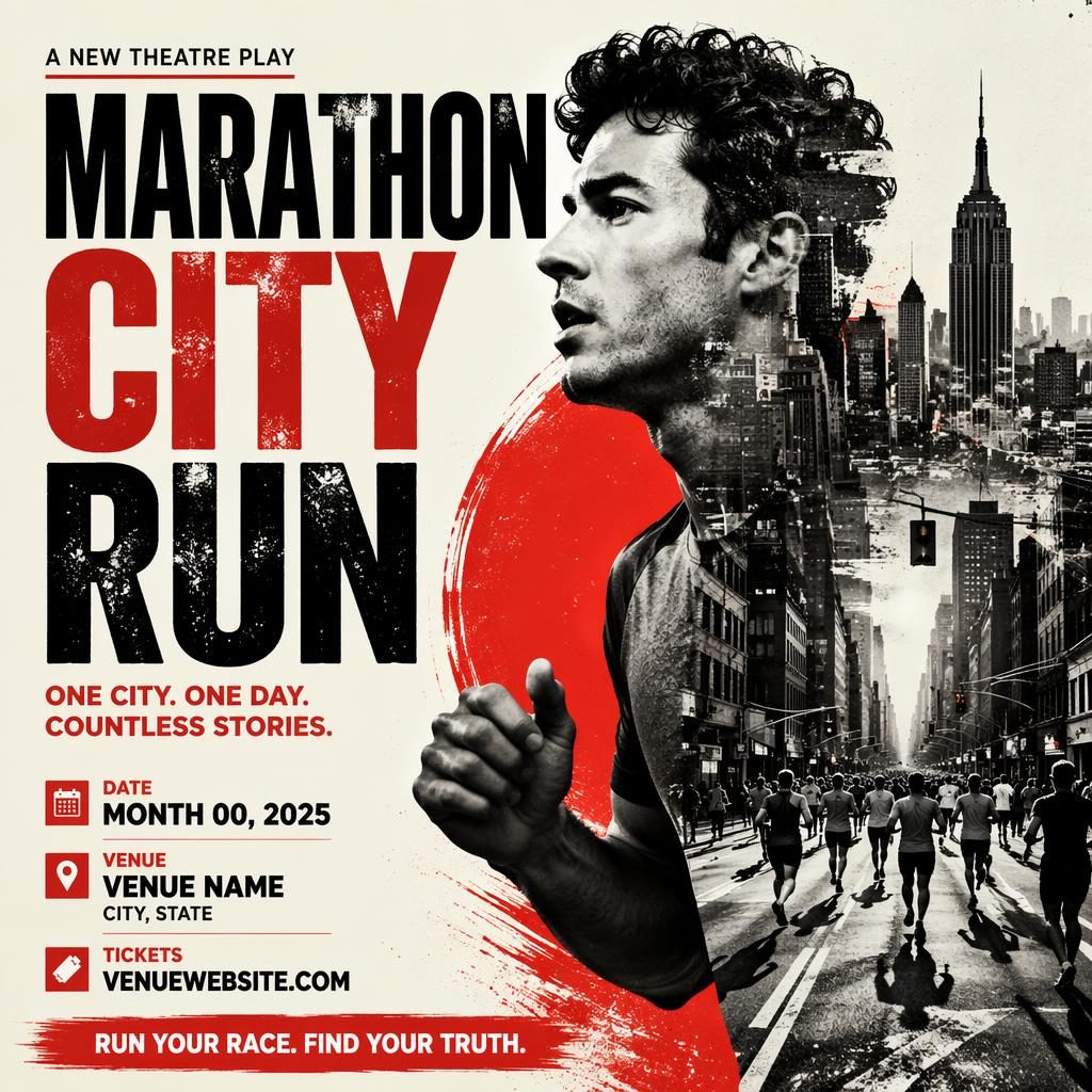 Photographic event poster of a marathon city run with energetic runners, bold high-contrast overlay, and clean venue text placeholders.