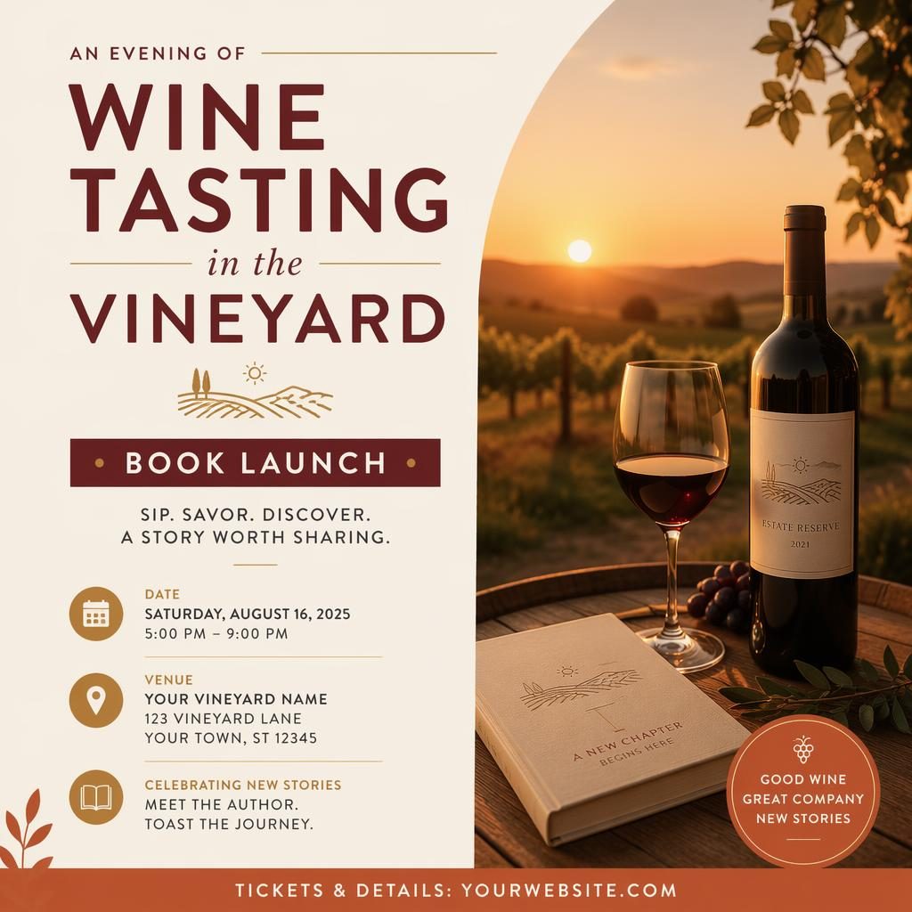Minimalist Swiss-style event poster showing a cozy vineyard wine tasting book launch at sunset with clean placeholder text.