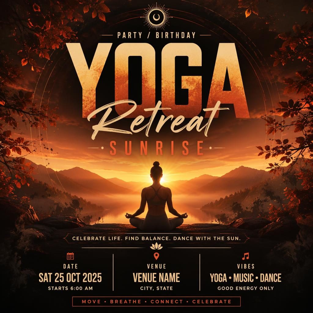 Bold event poster with yoga retreat sunrise theme, dark autumn rust palette, large typography, and clean date and venue placeholders.