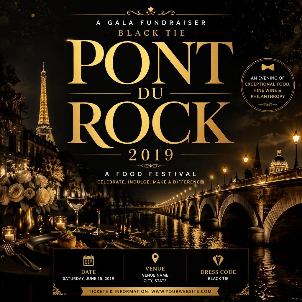 Affiche d’événement gala caritatif black tie, typographie audacieuse noir et or, ambiance romantique, texte lisible