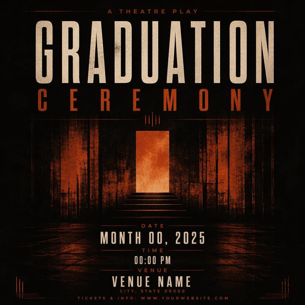 Dark graduation ceremony theatre poster with bold typography, rust autumn tones, and clean date and venue placeholder text.