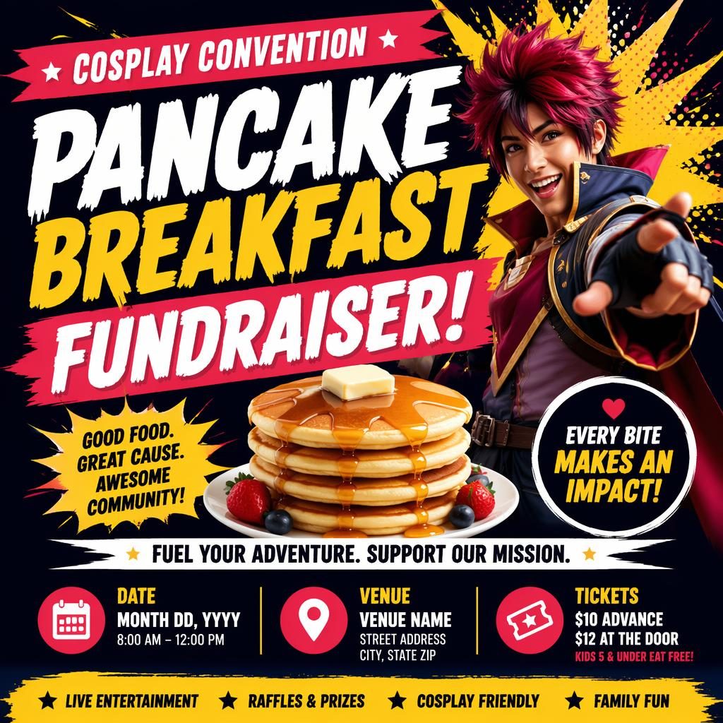 Bold event poster for a cosplay convention theatre play with sharp placeholder text, high-contrast colors, and energetic typography.