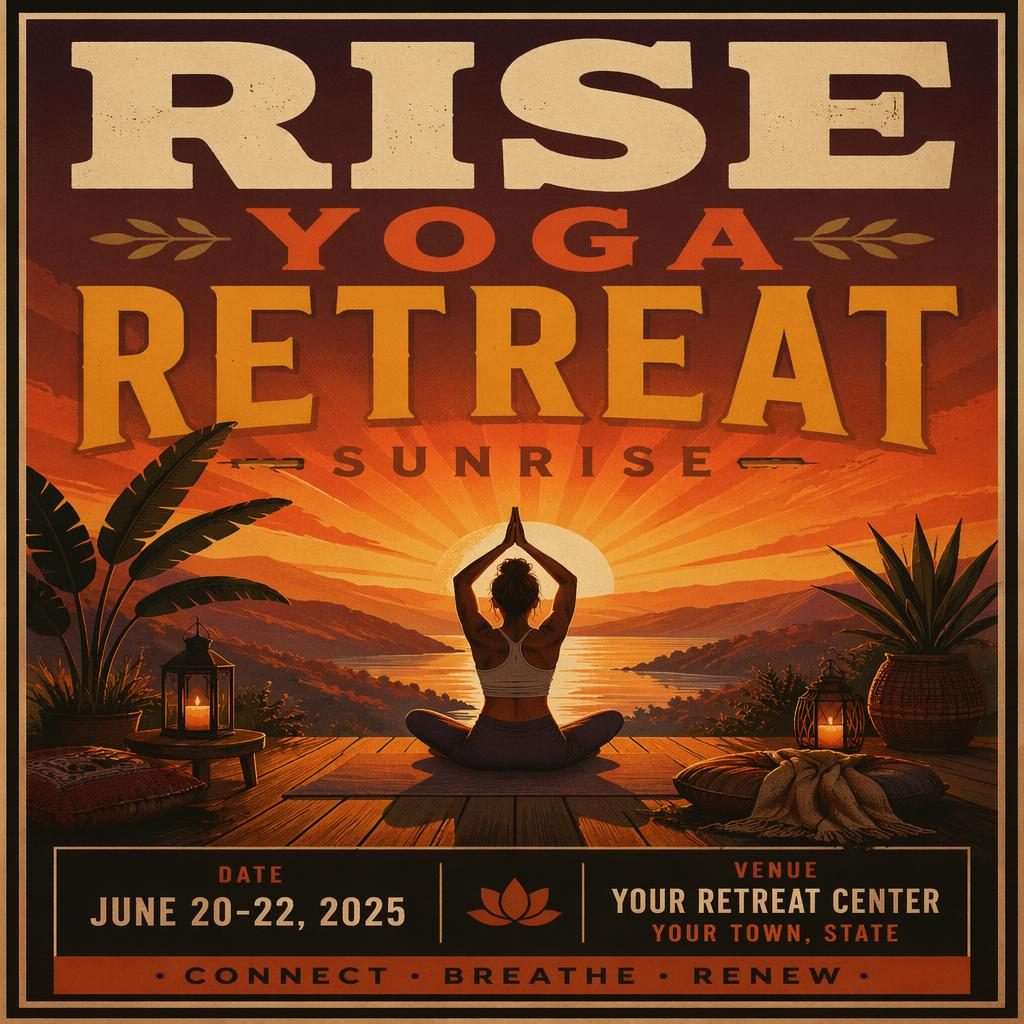 Bold yoga retreat sunrise event poster with warm sunset tones, cozy mood, and clean placeholder text for date and venue.
