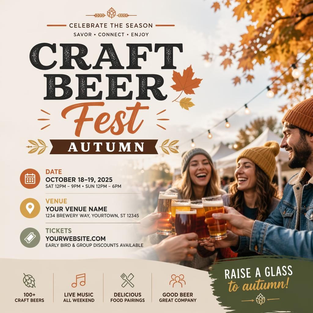 Photographic autumn craft beer festival poster with pastel overlay, joyful mood, clean event name, date and venue placeholders.