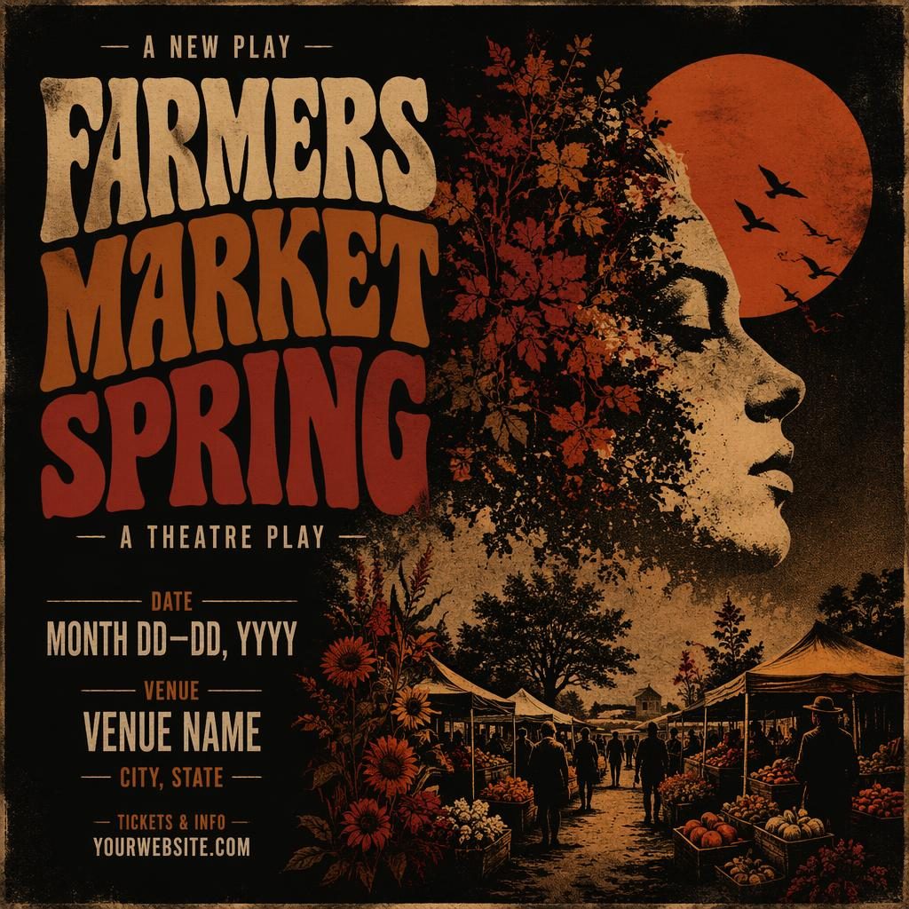 Affiche de théâtre style grunge sombre, marché fermier de printemps, palette rouille d’automne et texte factice lisible